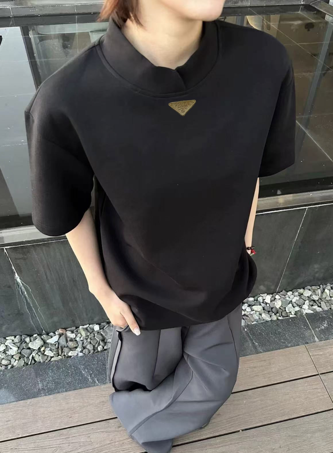 PR Liquid ammonia cotton petal collar straight shoulder T-shirt 1825052002