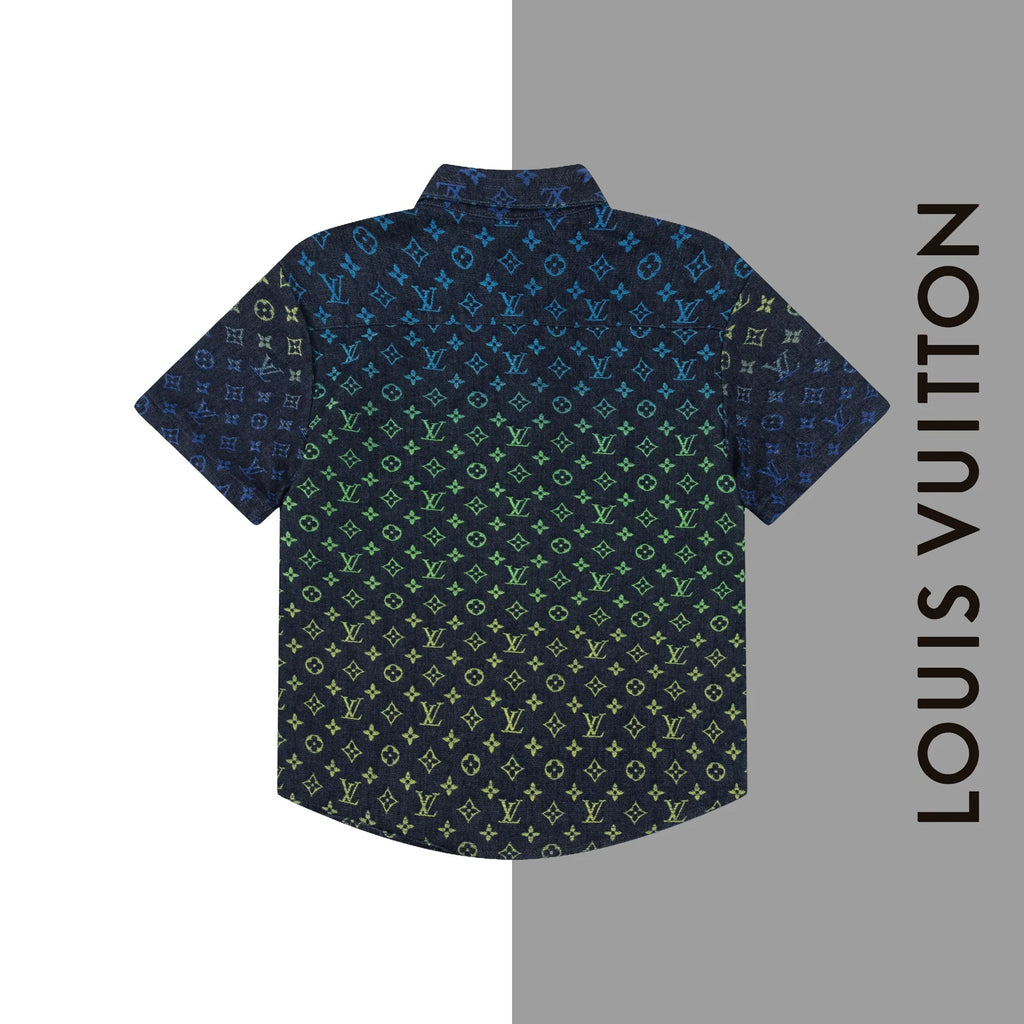 Gradient jacquard full print denim short sleeved shirt 1025032115