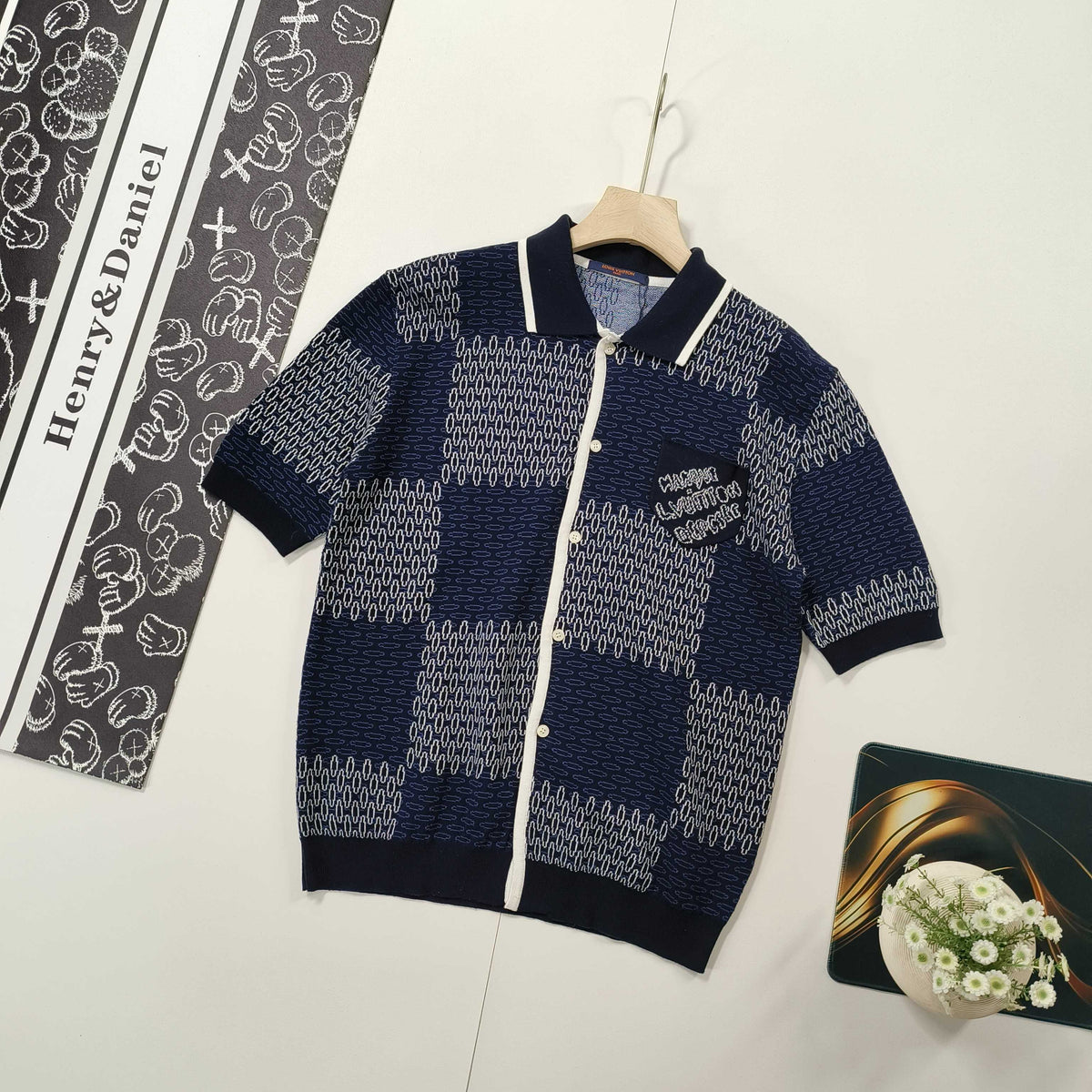 VV  Checkerboard mercerized cotton knitted short sleeves 1825022817