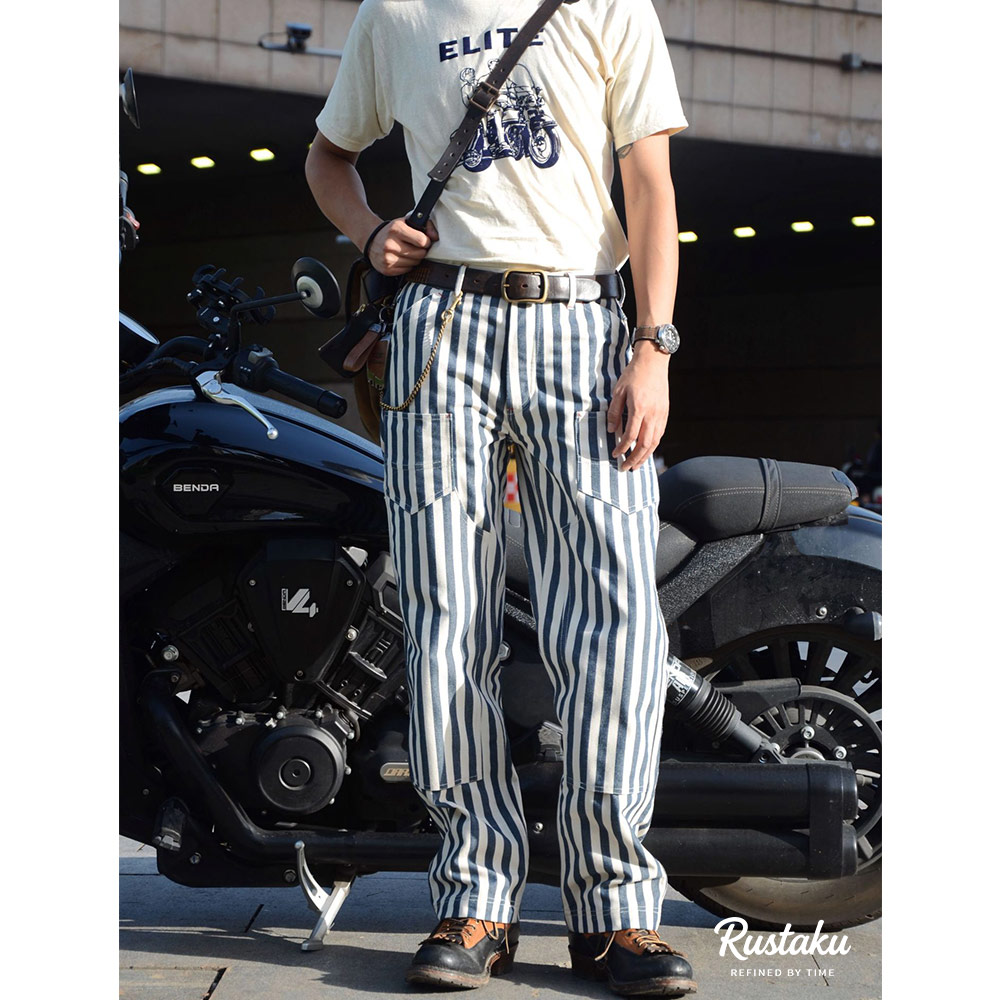 14オンス厚手仕様　 カスタム織りブルーワイドストライプロガーワークパンツ