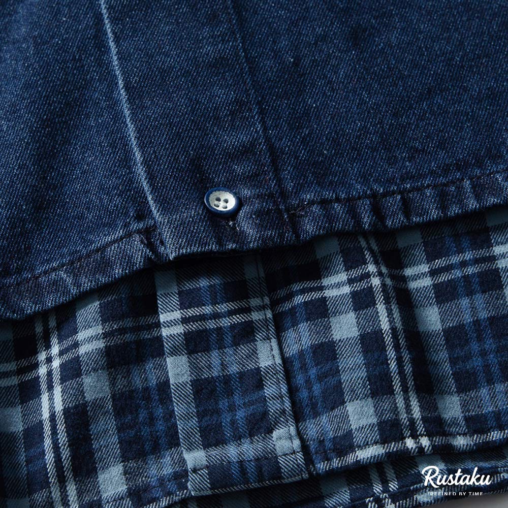 チェック切り替え折り襟デニムシャツ