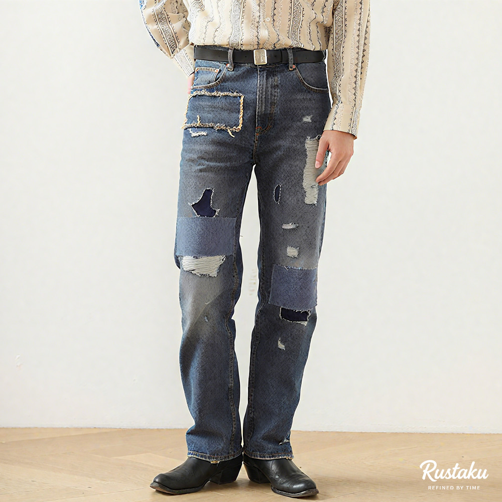 DIYクラフトダメージパッチワーク　ヘビーオンスセルビッジデニムパンツ