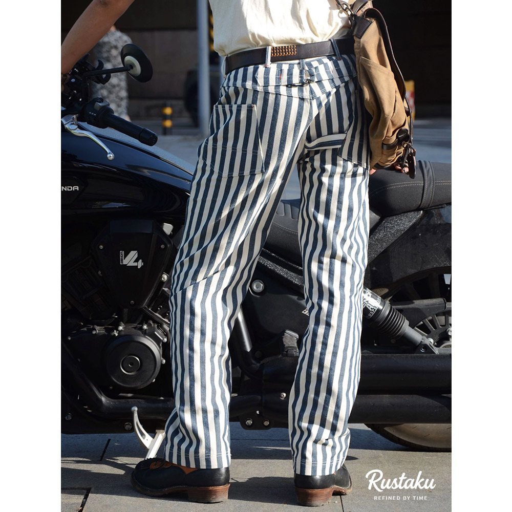 14オンス厚手仕様　 カスタム織りブルーワイドストライプロガーワークパンツ