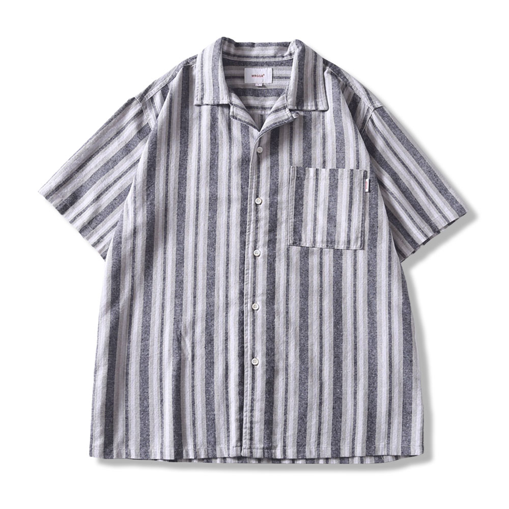 ヴィンテージ風リネンストライプ開襟シャツ半袖 