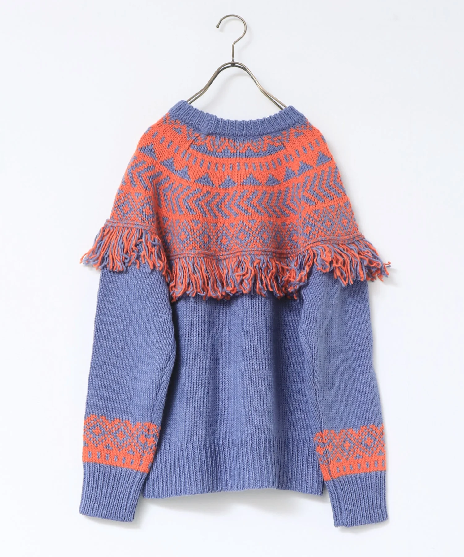 ロービングジャカードフリンジニット | 秋冬 長袖 クルーネック ウール